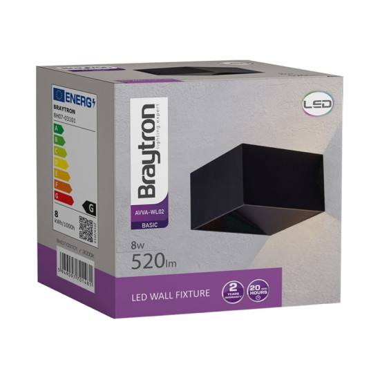 BRAYTRON 8W oldalfali lámpatest fekete 520Lm 3000K IP20