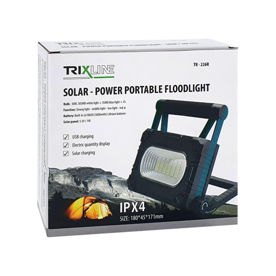 TRIXLINE TR226R 30W akkumulátoros hordozható reflektor (napelemes töltés is)